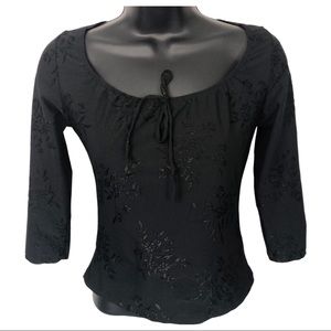 Vintage Y2K Black Floral Blouse With 1/4 Sleeve